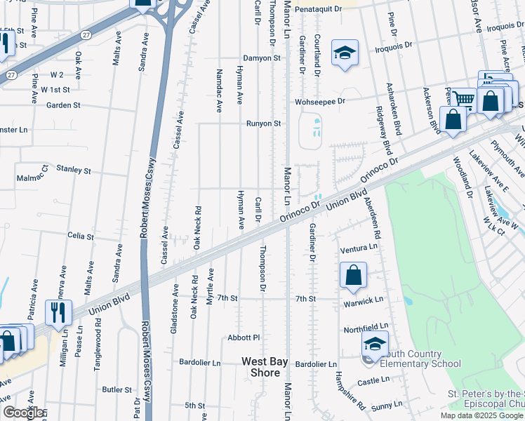 map of restaurants, bars, coffee shops, grocery stores, and more near 1006 Thompson Drive in Bay Shore
