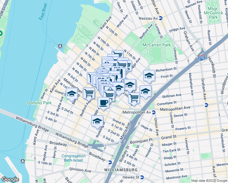map of restaurants, bars, coffee shops, grocery stores, and more near 597 Driggs Avenue in Brooklyn