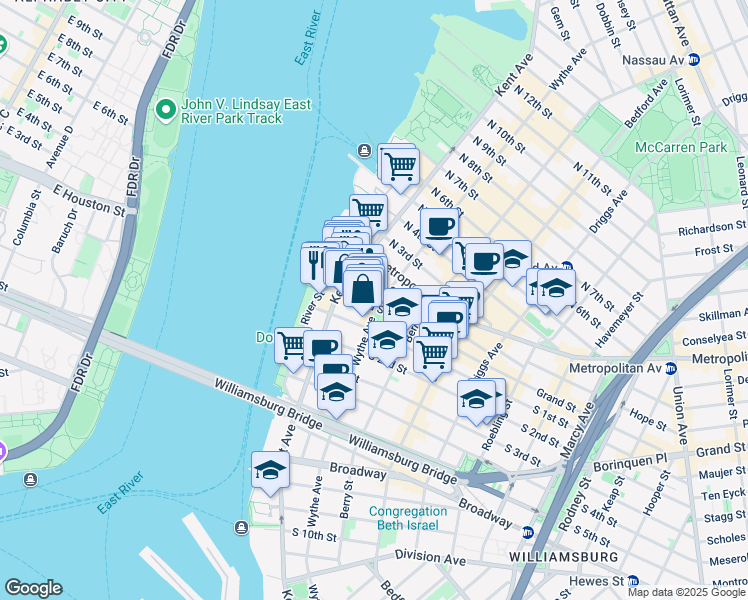 map of restaurants, bars, coffee shops, grocery stores, and more near 73 Grand Street in Brooklyn