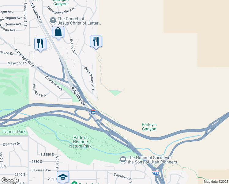 map of restaurants, bars, coffee shops, grocery stores, and more near 2538 East Cannon Point Drive in Salt Lake City