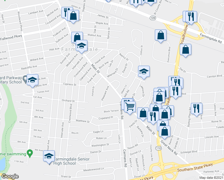 map of restaurants, bars, coffee shops, grocery stores, and more near 870 Main Street in Farmingdale