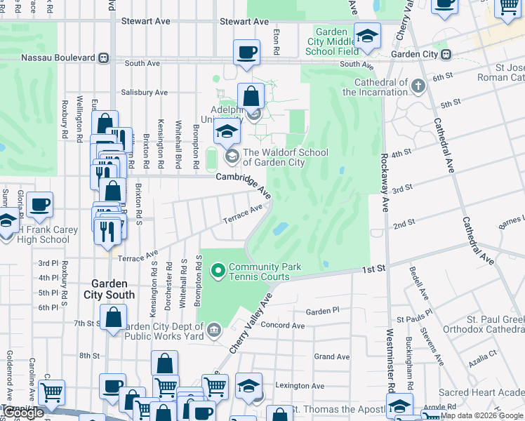 map of restaurants, bars, coffee shops, grocery stores, and more near 300 Cambridge Avenue in Garden City