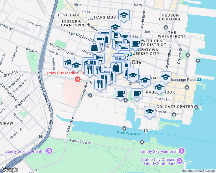 map of restaurants, bars, coffee shops, grocery stores, and more near 120 Tidewater Street in Jersey City