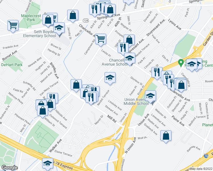 map of restaurants, bars, coffee shops, grocery stores, and more near 32 Saint Paul's Drive in Irvington