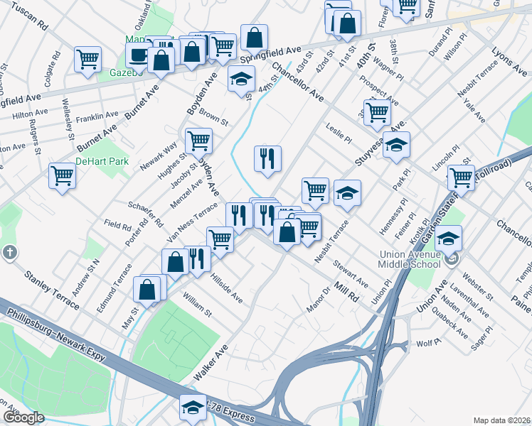 map of restaurants, bars, coffee shops, grocery stores, and more near 262 40th Street in Irvington