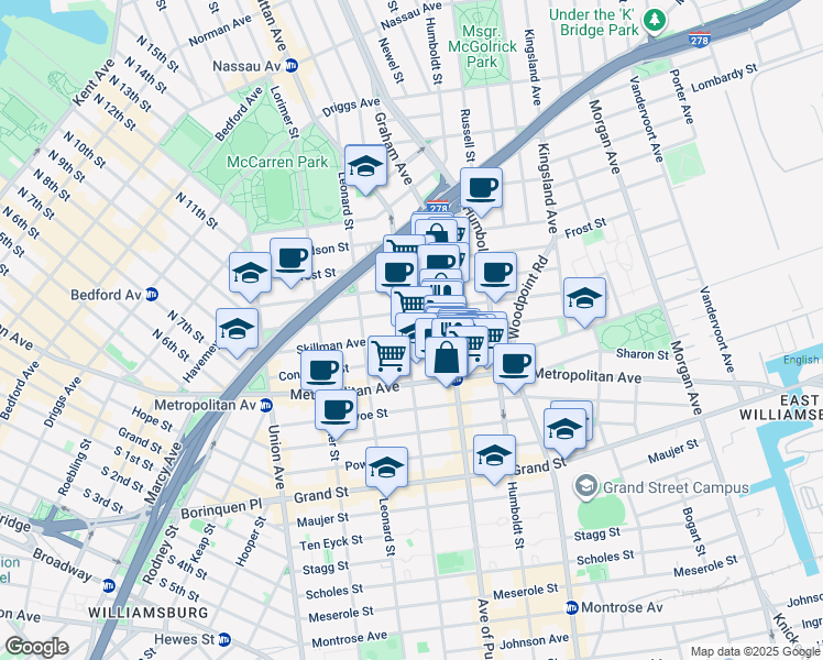 map of restaurants, bars, coffee shops, grocery stores, and more near 141 Skillman Avenue in Brooklyn