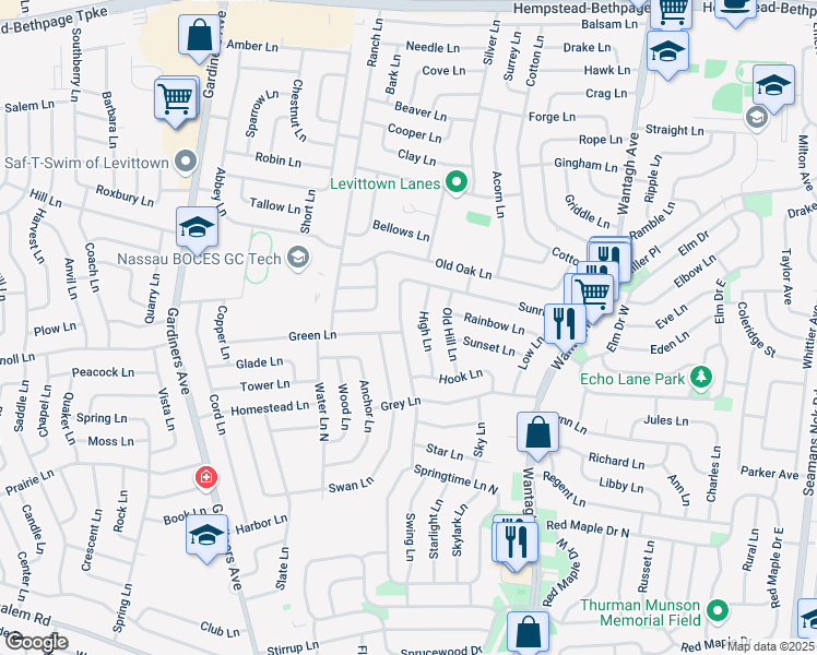 map of restaurants, bars, coffee shops, grocery stores, and more near 126 Sunrise Lane in Levittown