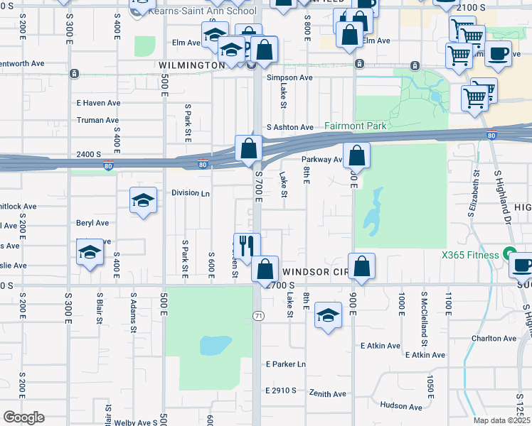 map of restaurants, bars, coffee shops, grocery stores, and more near 734 Loveland Avenue in Salt Lake City