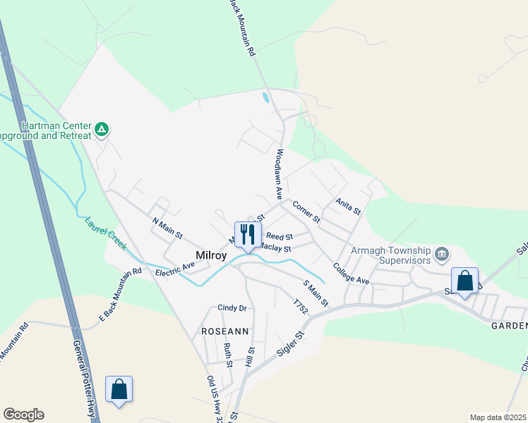 map of restaurants, bars, coffee shops, grocery stores, and more near 115 Mechanic Street in Milroy