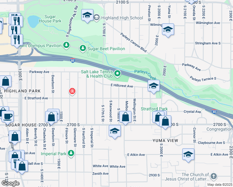map of restaurants, bars, coffee shops, grocery stores, and more near 2546 S 1800 E in Salt Lake City