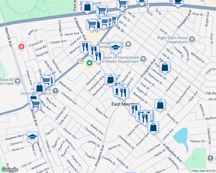 map of restaurants, bars, coffee shops, grocery stores, and more near 1811 Franklin Avenue in East Meadow
