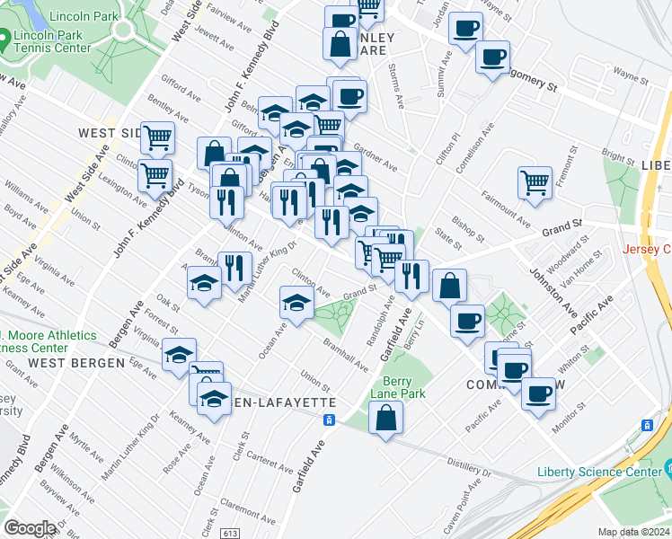 map of restaurants, bars, coffee shops, grocery stores, and more near 94 Harmon Street in Jersey City