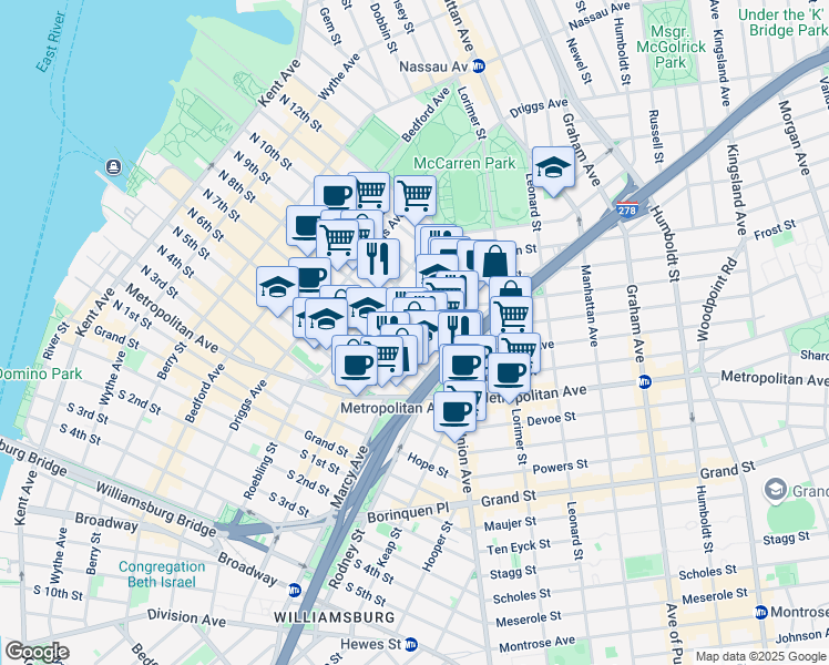 map of restaurants, bars, coffee shops, grocery stores, and more near Havemeyer St & N 8th St in Brooklyn