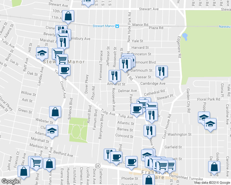 map of restaurants, bars, coffee shops, grocery stores, and more near 1131 Delmar Ave in Franklin Square