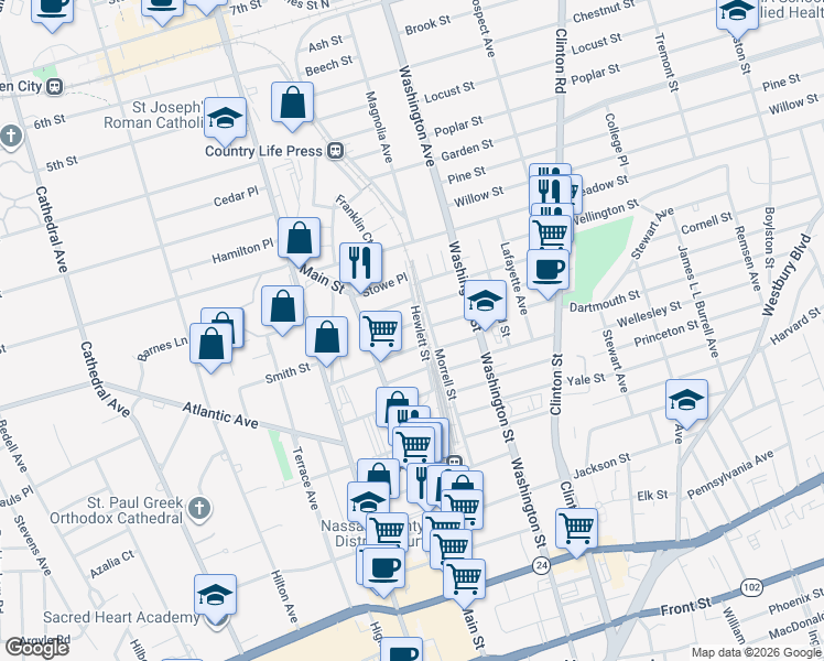 map of restaurants, bars, coffee shops, grocery stores, and more near 46 Miller Place in Hempstead