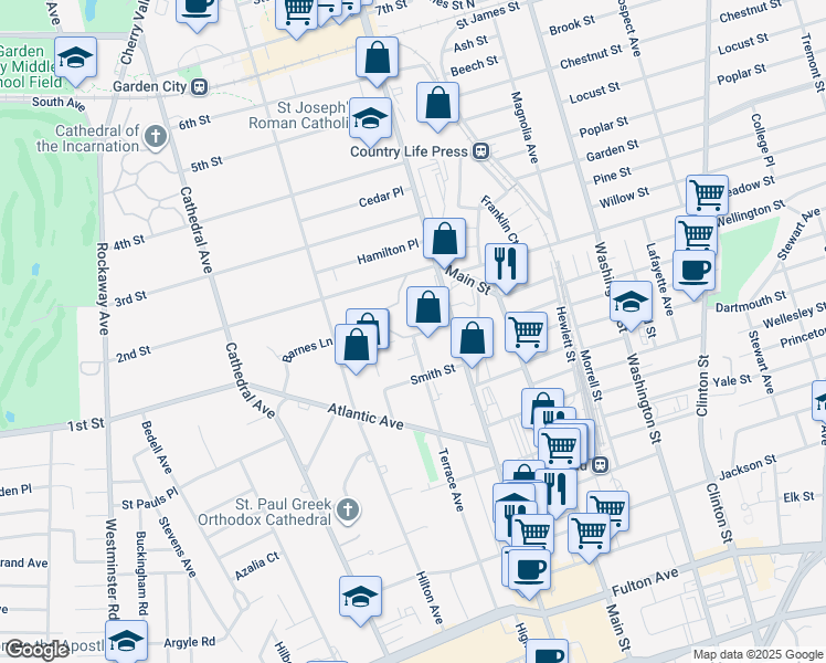 map of restaurants, bars, coffee shops, grocery stores, and more near 45 Intersection Street in Hempstead