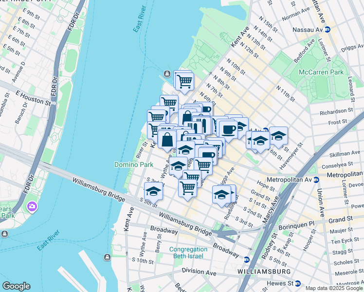 map of restaurants, bars, coffee shops, grocery stores, and more near 88 North 1st Street in Brooklyn