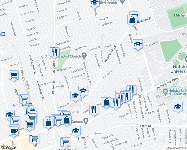 map of restaurants, bars, coffee shops, grocery stores, and more near 299 Yale Street in Hempstead