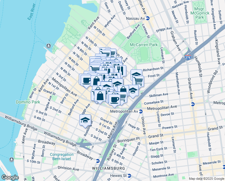 map of restaurants, bars, coffee shops, grocery stores, and more near 88 Roebling Street in Brooklyn