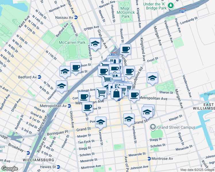 map of restaurants, bars, coffee shops, grocery stores, and more near 141 Skillman Avenue in Brooklyn