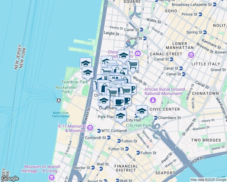 map of restaurants, bars, coffee shops, grocery stores, and more near 155 Chambers Street in New York