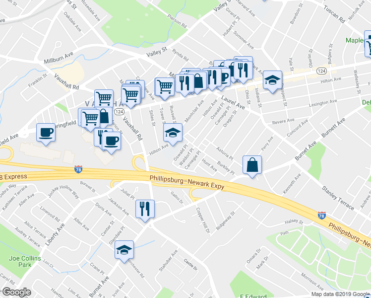 map of restaurants, bars, coffee shops, grocery stores, and more near 127 Oswald Place in Union