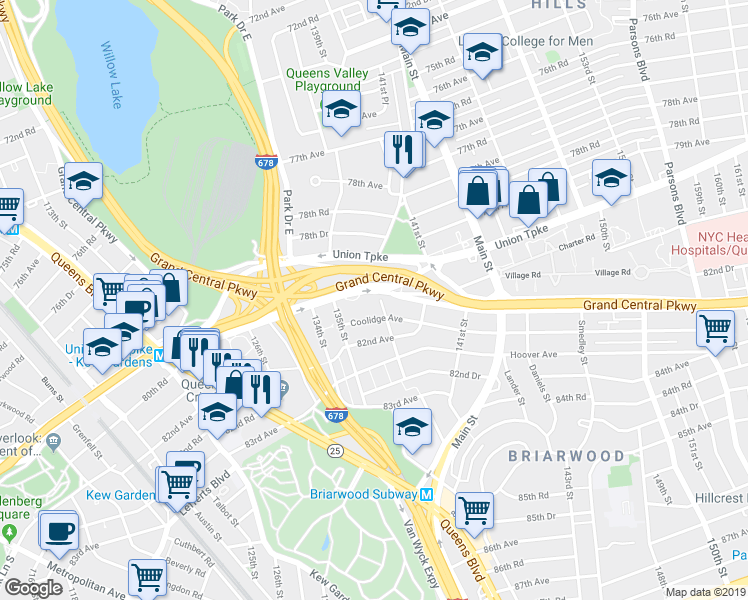 map of restaurants, bars, coffee shops, grocery stores, and more near 13530 Union Turnpike in Queens