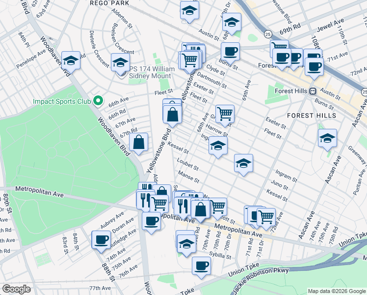 map of restaurants, bars, coffee shops, grocery stores, and more near 92-09 68th Avenue in Queens