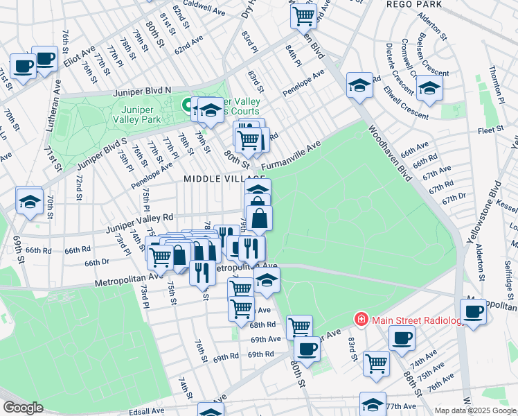 map of restaurants, bars, coffee shops, grocery stores, and more near in Queens