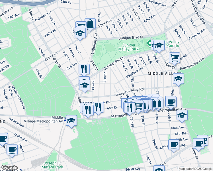 map of restaurants, bars, coffee shops, grocery stores, and more near 63-72 Pleasantview Street in Queens