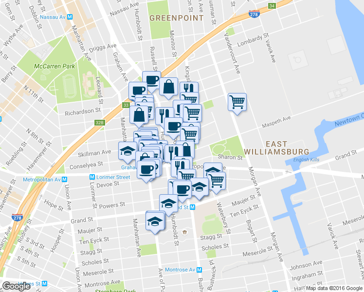 map of restaurants, bars, coffee shops, grocery stores, and more near 240A Skillman Avenue in Brooklyn
