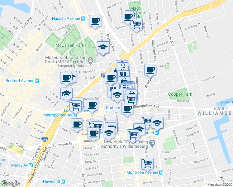 map of restaurants, bars, coffee shops, grocery stores, and more near 141 Skillman Avenue in Brooklyn
