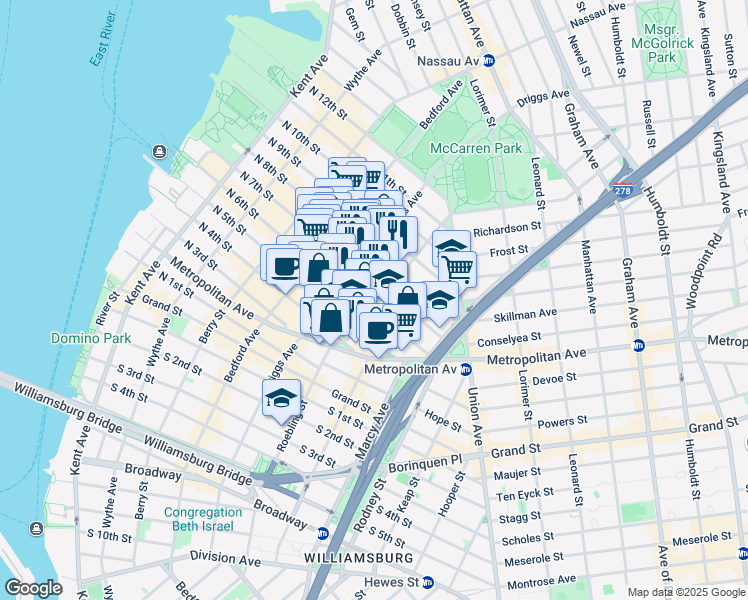 map of restaurants, bars, coffee shops, grocery stores, and more near 88 Roebling Street in Brooklyn