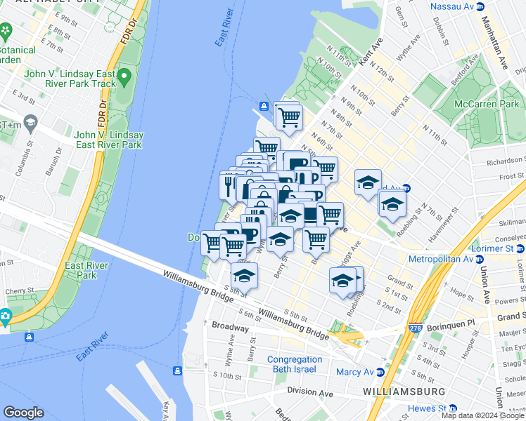 map of restaurants, bars, coffee shops, grocery stores, and more near 73 Grand Street in Brooklyn