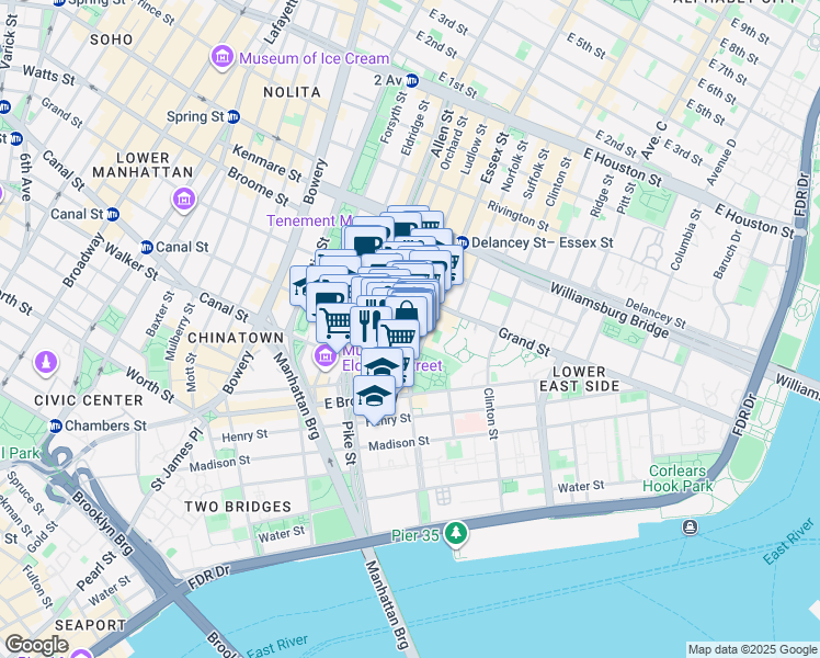 map of restaurants, bars, coffee shops, grocery stores, and more near 25 Essex Street in New York
