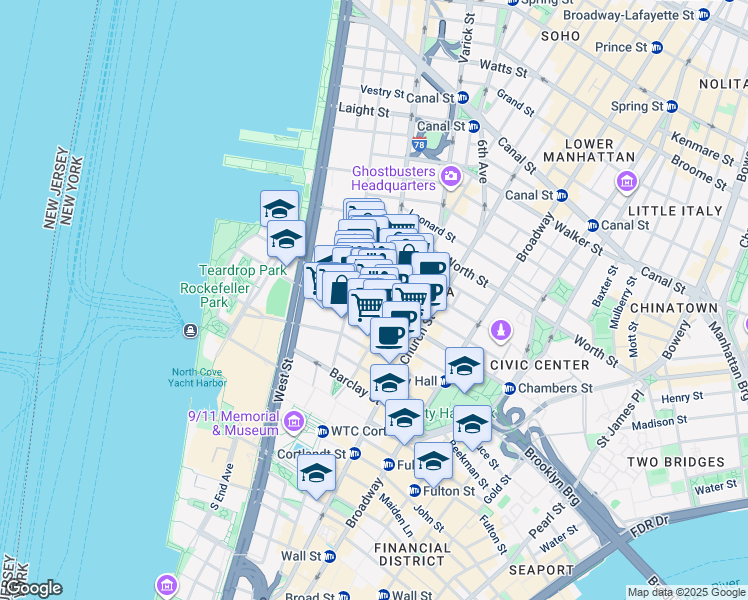 map of restaurants, bars, coffee shops, grocery stores, and more near 155 Chambers Street in New York
