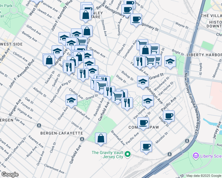 map of restaurants, bars, coffee shops, grocery stores, and more near 704 Grand Street in Jersey City