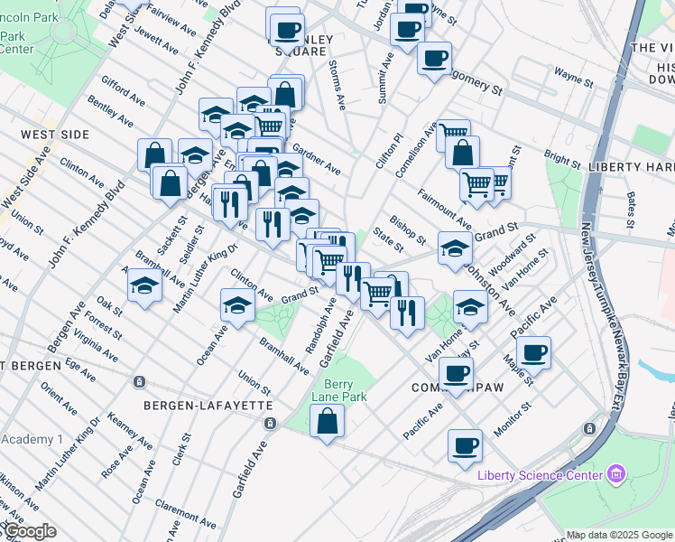 map of restaurants, bars, coffee shops, grocery stores, and more near 498 Communipaw Avenue in Jersey City