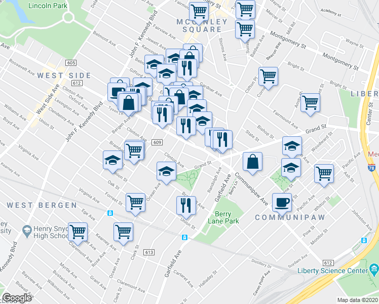 map of restaurants, bars, coffee shops, grocery stores, and more near in Jersey City