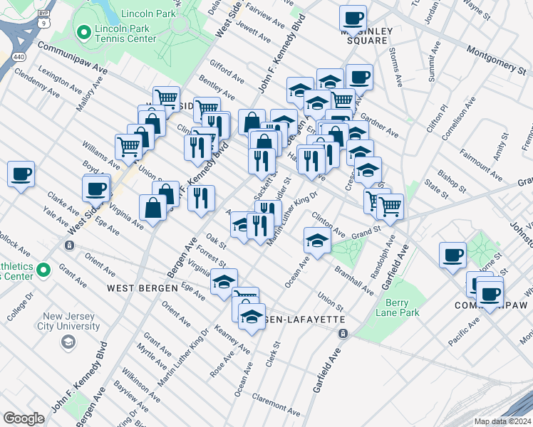 map of restaurants, bars, coffee shops, grocery stores, and more near in Jersey City