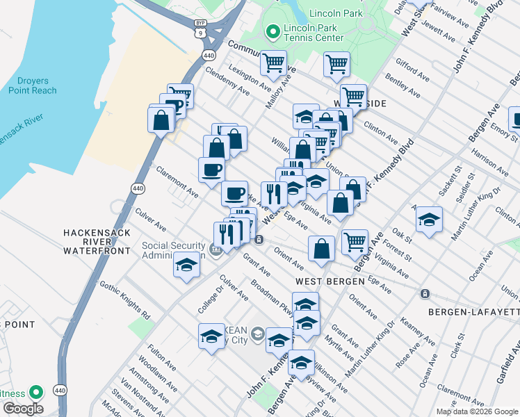 map of restaurants, bars, coffee shops, grocery stores, and more near 24 Yale Avenue in Jersey City