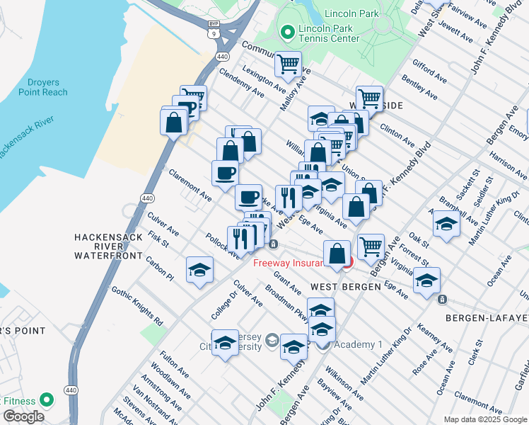 map of restaurants, bars, coffee shops, grocery stores, and more near 24 Yale Avenue in Jersey City