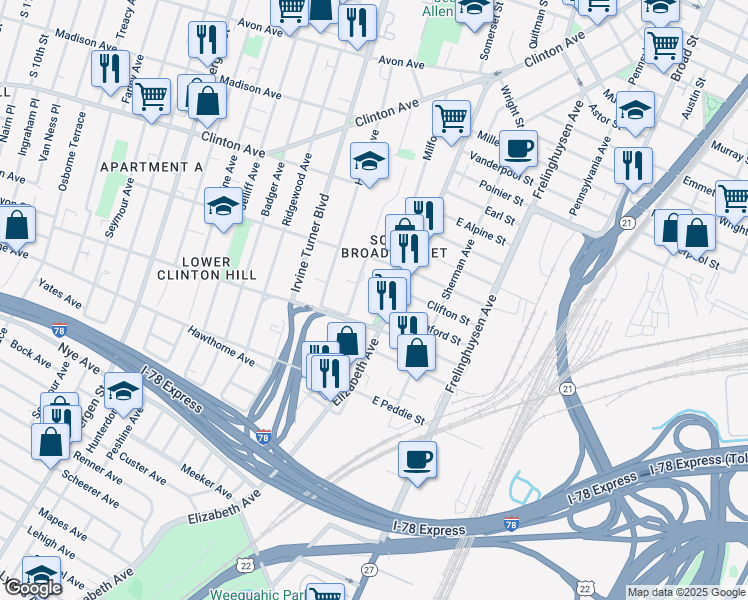 map of restaurants, bars, coffee shops, grocery stores, and more near 172 Johnson Avenue in Newark