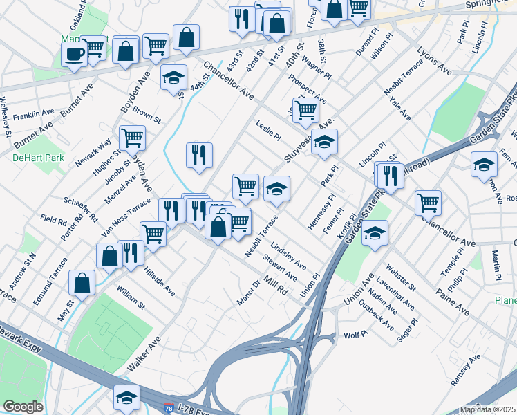 map of restaurants, bars, coffee shops, grocery stores, and more near 998 Stuyvesant Avenue in Irvington