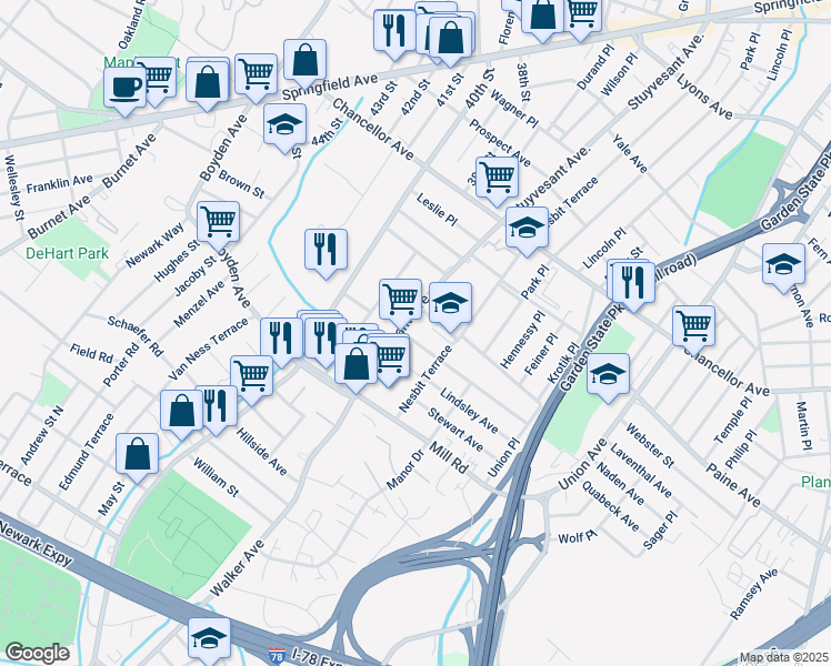 map of restaurants, bars, coffee shops, grocery stores, and more near 998 Stuyvesant Avenue in Irvington