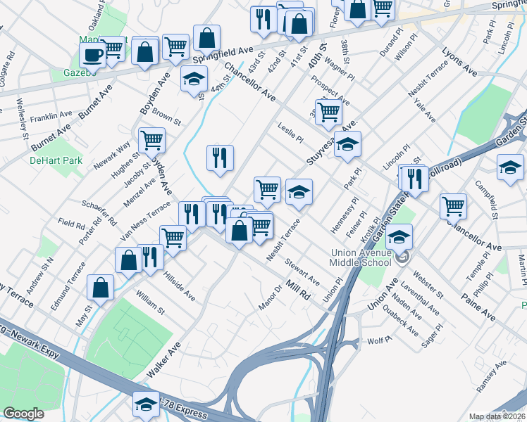map of restaurants, bars, coffee shops, grocery stores, and more near 998 Stuyvesant Avenue in Irvington