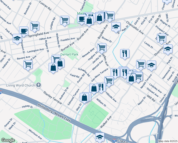 map of restaurants, bars, coffee shops, grocery stores, and more near 52 Menzel Avenue in Maplewood