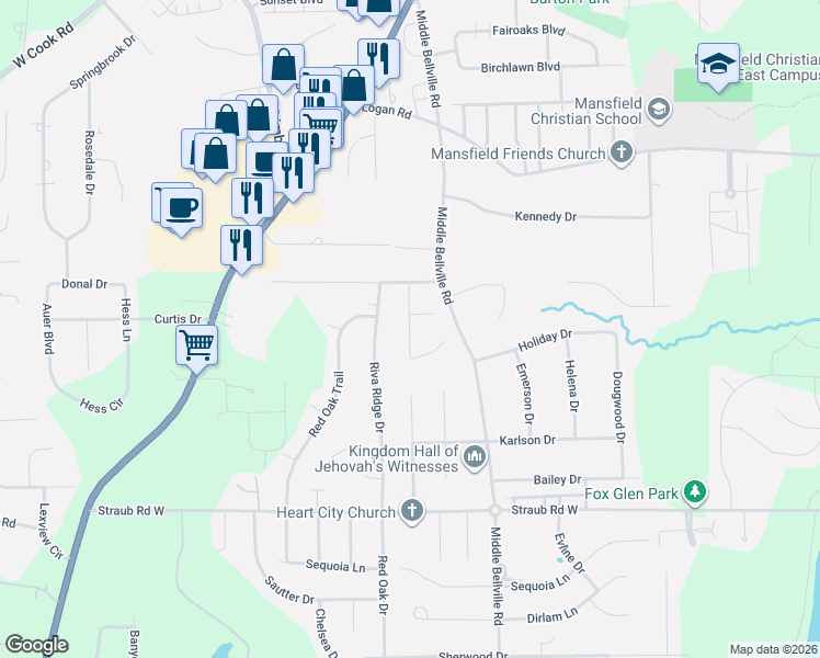map of restaurants, bars, coffee shops, grocery stores, and more near 1658 Rippling Brook Drive in Mansfield