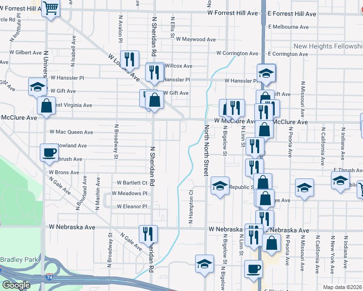 map of restaurants, bars, coffee shops, grocery stores, and more near 2312 North Flora Avenue in Peoria