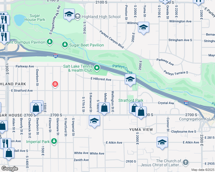 map of restaurants, bars, coffee shops, grocery stores, and more near 2549 Melbourne Street in Salt Lake City